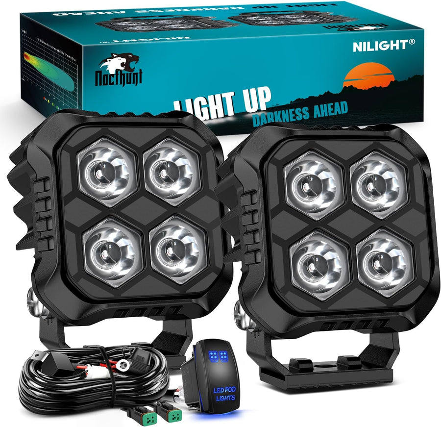 Nilight LED Pod Light 2 PCS 2.8 Inch 20W Square 4 LED Hyper Spot Beam Driving Offroad Lights w/18AWG Rocker Switch Wiring Harness Kit for Truck Motorbike Boat ATV UTV