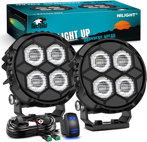 Nilight LED Pod Light 2 PCS 3.1 Inch 20W 4 LED Round Hyper Flood Beam Offroad Driving Lights w/18AWG Rocker Switch Wiring Harness Kit for Truck Motorbike Boat ATV UTV