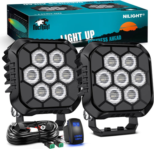 Nilight LED Pod Light 2 PCS 3.8 Inch 45 W 9 LED Square Hyper Flood Beam Offroad Driving Lights w/16 AWG Rocker Switch Wiring Harness Kit for Truck Motorbike Boat ATV UTV