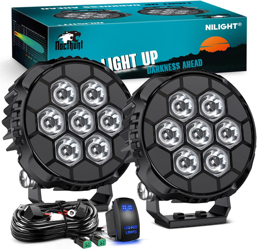 Nilight LED Pod Light 2 PCS 4.1 Inch 35 W 7 LED Round Hyper Spot Beam Offroad Driving Lights w/16 AWG Rocker Switch Wiring Harness Kit for Truck Motorbike Boat ATV UTV