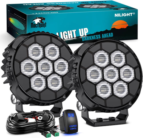 Nilight LED Pod Light 2 PCS 4.1 Inch 45 W 9 LED Round Hyper Flood Beam Offroad Driving Lights w/16 AWG Rocker Switch Wiring Harness Kit for Truck Motorbike Boat ATV UTV