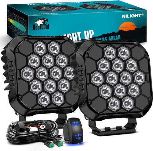 Nilight LED Pod Light 2 PCS 4.4 Inch 70 W 14 LED Square Hyper Spot Beam Offroad Driving Lights w/14 AWG Rocker Switch Wiring Harness Kit for Truck Motorbike Boat ATV UTV