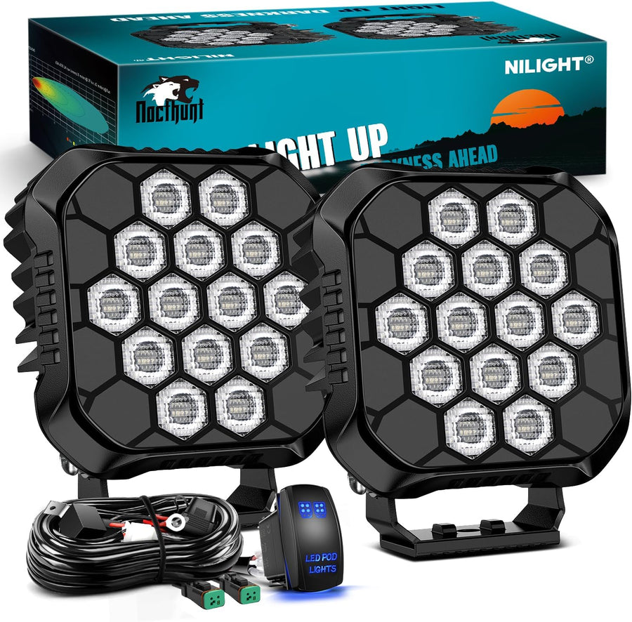 Nilight LED Pod Light 2 PCS 4.4 Inch 90 W 18 LED Square Hyper Flood Beam Offroad Driving Lights w/14 AWG Rocker Switch Wiring Harness Kit for Truck Motorbike Boat ATV UTV