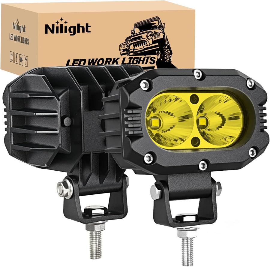 Nilight LED Pod Light 24W 4 Inch 2PCS Yellow Flood Beam Driving Lights Pods IP67 Waterproof Auxiliary Offroad Lighting for Truck Tractor SUV ATV UTV Golf Cart Boat Motorcycle Dirt Bike