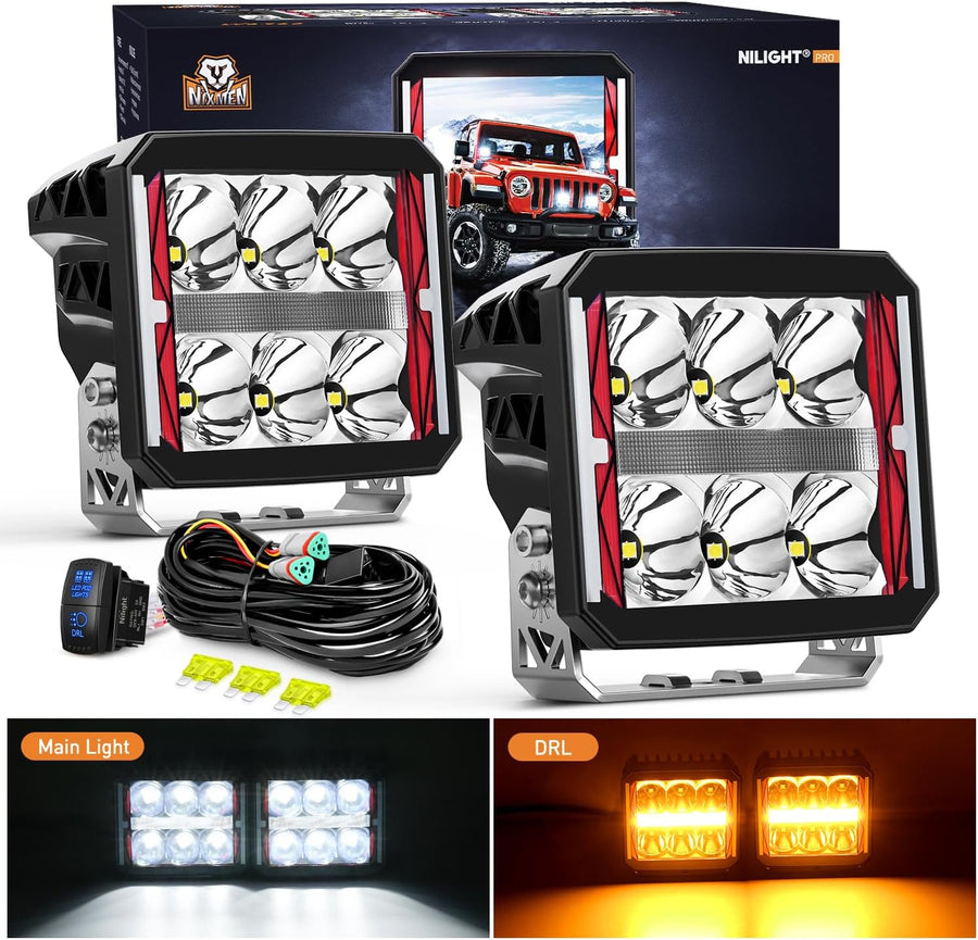 Nilight LED Pod Lights Heated Lens with Amber DRL 4 Inch 60 W Square Super Spot Light 16AWG Wiring Harness Kit for Offroad Driving Light Anti Freeze Function LED Work Lights for Truck UTV ATV SUV Jeep