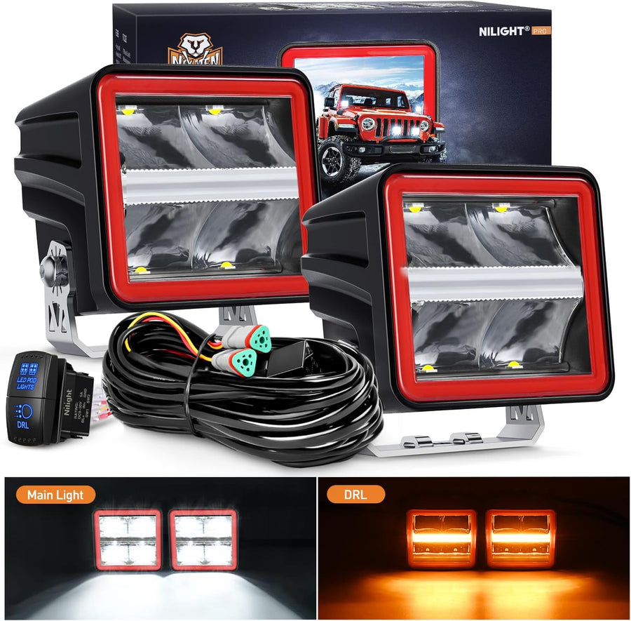 Nilight LED Pod Lights with Amber DRL 3 Inch 20 W Cube Driving Light 2200 LM Super Spot Light 16AWG Wiring Harness Kit Off Road LED Work Lights for Jeep Truck UTV 4x4 ATV Motorcycle
