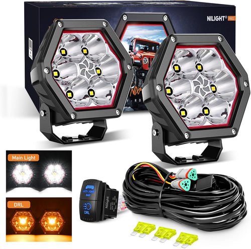 Nilight LED Pod Lights with Amber DRL 4 Inch 30 W Hexagon Offroad Driving 2600 LM Super Spot Light 16 AWG Wiring Harness Kit for LED Auxiliary Work Lights for Truck UTV ATV SUV 4x4