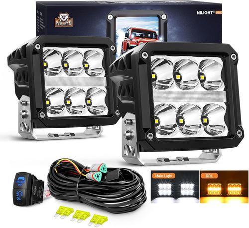 Nilight LED Pod Lights with Amber DRL 4 Inch 60 W Square 6487 LM Super Spot Light w/ 16 AWG Wiring Harness Kit for Auxiliary Offroad Driving LED Work Lights for Truck UTV ATV SUV 4x4 Jeep
