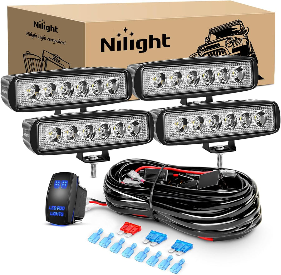 Nilight LED Pods 4PCS 18W 6Inch Flood Offroad Fog Light Bar Waterproof with 16AWG POD Lights Wiring Harness Kit for Boat SUV ATV 4WD Car Truck Golf Cart 12V 24V -4 Leads