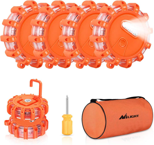 Nilight LED Road Flares Emergency Lights 6 Pack,9 Flash Models Roadside Safety Flashing Warning Light with Magnetic Base & Hook,Storage Bag(Batteries Not Included)