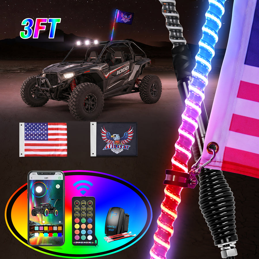 Nilight LED Whip Light 1 PC 3FT COB RGB Lighted Antenna Whips with Spring Base Remote & App Control DIY Chasing Patterns for Can-am Offroad ATV UTV RZR Polaris Dune Buggy 4-Wheeler Truck