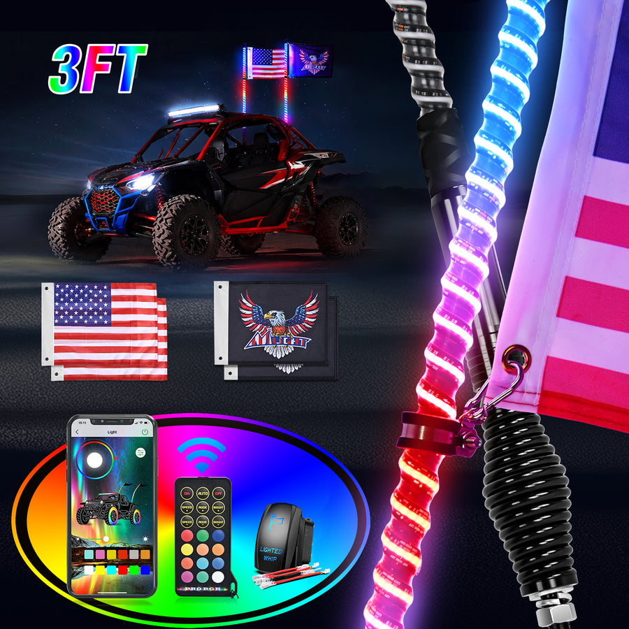 Nilight LED Whip Light 2 PCS 3FT COB RGB Lighted Antenna Whips with Spring Base Remote & App Control DIY Patterns Turn Brake Reverse Lights for Can-am Offroad ATV UTV RZR Polaris Dune Buggy Truck