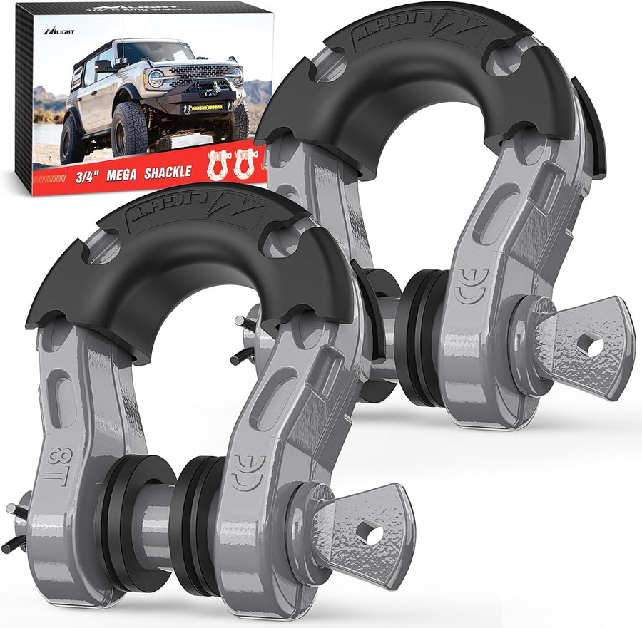 Nilight Mega D-Ring Shackles, 3/4 Inch Heavy Duty Recovery Tow Shackle | 7/8 Inch Screw Pin & isolator, 2Pcs Gray, 68,000 lbs Break Strength(17,000 lb WLL), Forged Steel, Off-Road Recovery