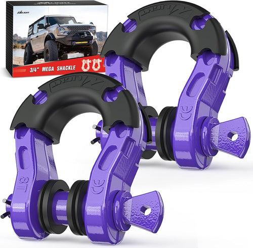 Nilight Mega D-Ring Shackles, 3/4 Inch Heavy Duty Recovery Tow Shackle | 7/8 Inch Screw Pin & isolator, 2Pcs Purple, 68,000 lbs Break Strength(17,000 lb WLL), Forged Steel, Off-Road Recovery