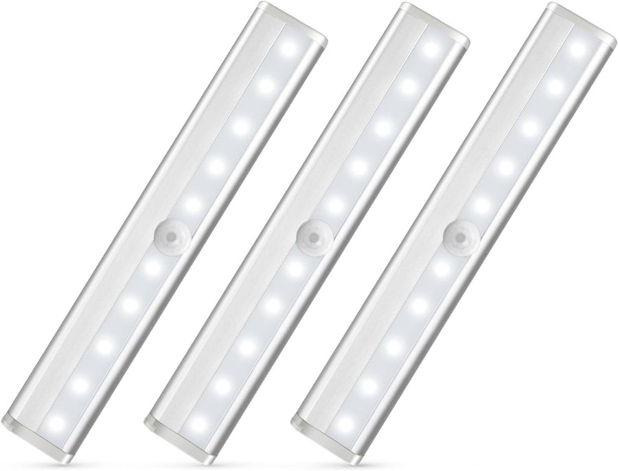 Nilight Motion Sensor Closet Lights 3PCS Cabinet Light DIY Stick-on Anywhere Portable 10LED Wireless Cabinet Night/Stairs Light Bar Safe Lights with Magnetic Strip-Cool White, 2 Years Warranty