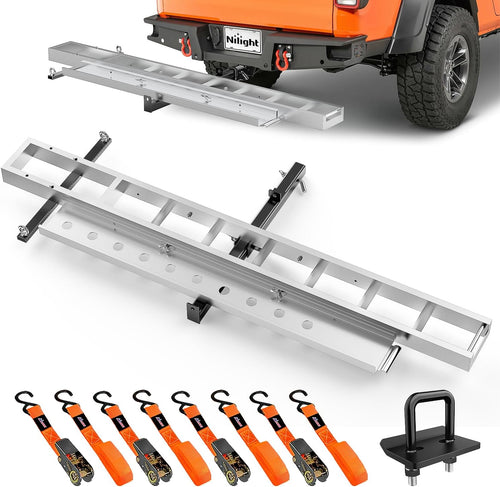 Nilight Motorcycle Hitch Carrier 400LBS, Lightweight Robust Aluminum Dirt Bike Hitch Hauler with 55.11 Inch Longer Ramp, Pin Lock, Tie-Down Strap and Tightener, 2 Inch Receiver, 5 Inch Wide Tire