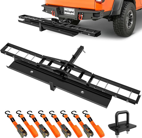 Nilight Motorcycle Hitch Carrier 600LBS, Heavy Duty Dirt Bike Hitch Hauler with 55.11 Inch Longer Ramp, Pin, Tie-Down Strap and Tightener, 2 Inch Receiver, 5 Inch Wide Tire
