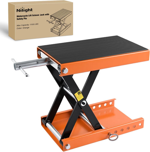 Nilight Motorcycle Lift Jack 1100 LBS Scissor Jacks Stand Lift with Wide Deck Safety Pin Handle 3.4 Inch-14.2 Inch Height Adjustable Hoist Stand Garage Repair Lifter for Motorcycles ATV Dirt Bike, Orange