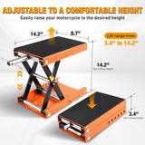 Nilight Motorcycle Lift Jack 1100 LBS Scissor Jacks Stand Lift with Wide Deck Safety Pin Handle 3.4 Inch-14.2 Inch Height Adjustable Hoist Stand Garage Repair Lifter for Motorcycles ATV Dirt Bike, Orange, view 3