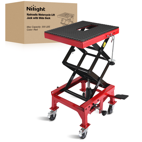 Nilight Motorcycle Lift Table Jack 300 LBS Heavy Duty Hydraulic Motorcycle Scissor Jack Lifts Table Foot Pedal with 4 Caster Wheels Wide Deck for Motorbike Dirt Bike ATV Garage Repair Tool, Red