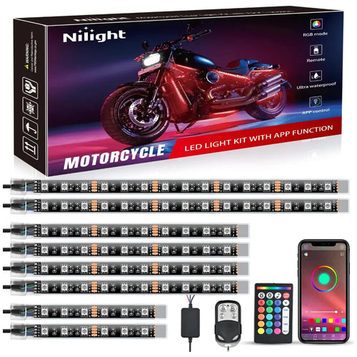 Nilight Motorcycle RGB APP Remote Control LED Strip Lights 8PCS