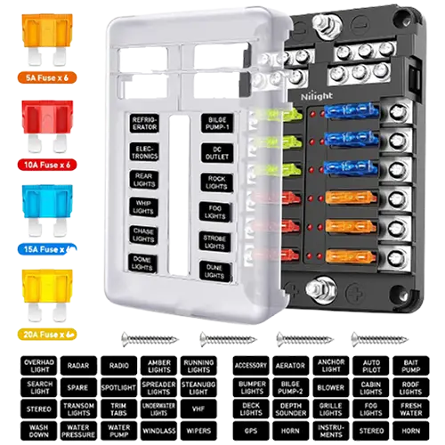 Nilight 12 Way Blade Fuse Block 12 Circuits with Negative Bus Fuse Box Holder LED Indicator ATO/ATC Fuse Panel Waterproof Cover