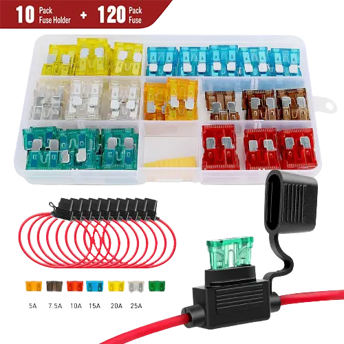 Nilight 120Pcs Standard Blade Fuse Set With 10Pack 14AWG ATC/ATO Inline Fuse Holder