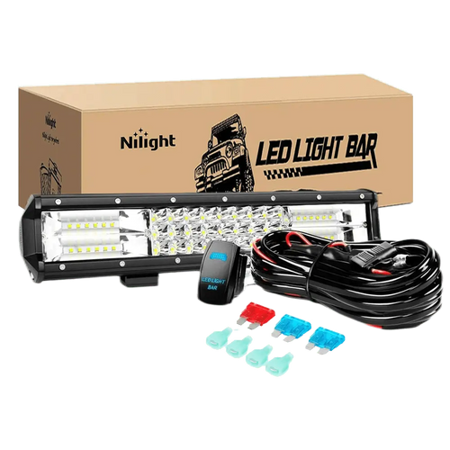 Nilight Offroad Truck Led Light Bar 15 Inch Triple Row Combo Roof Grille Bumper Hood For Jeep UTV ATV | 12V 5 Pin Rocker Switch 16 AWG Harness Kit 2 Leads