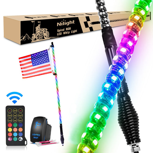 Nilight 4FT Spiral Antenna W/ Spring Base Led Whip Light RF Remote Control | 8.6FT Wire 5Pin Switch
