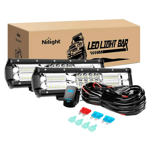 Nilight Offroad Truck Led Light Bar 2 Pcs 12 Inch Triple Row Combo Beam | 12V 5 Pin Rocker Switch 16 AWG Wiring Harness Kit 2 Leads For Jeep UTV ATV Pickup
