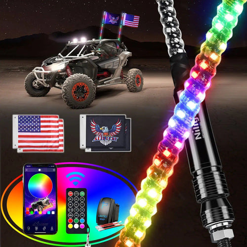 Nilight 2Pcs 3FT Spiral Antenna Bluetooth Remote App Control Led Whip Light | 10FT Wire 5Pin Switch