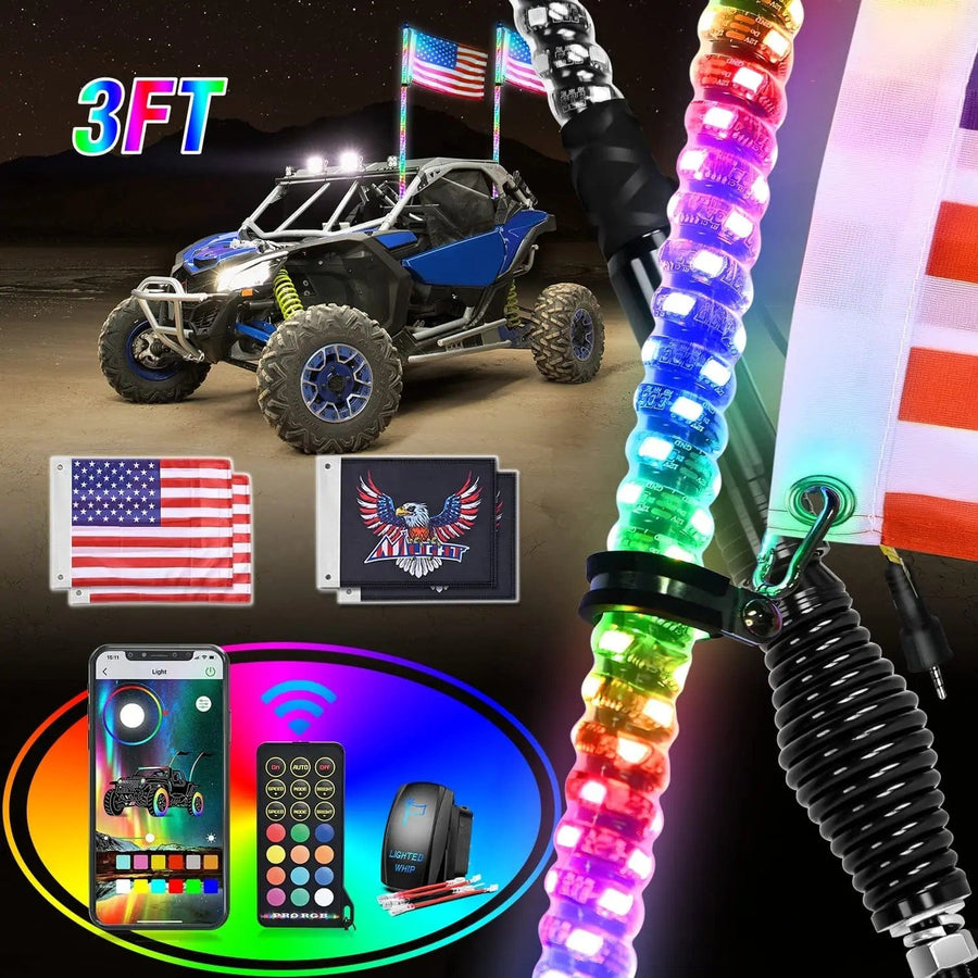 Nilight 2Pcs 3FT Spiral Antenna W/ Spring Base Led Whip Light Bluetooth Remote App Control | 8.6FT Wire 5Pin Switch