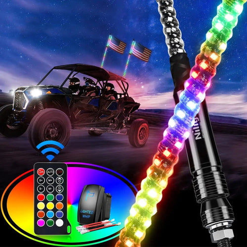 Nilight 2Pcs 3FT Spiral Antenna Led Whip Light RF Remote Control | 8.6FT Wire 5Pin Switch