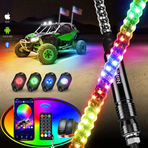 Nilight 2Pcs 4FT Spiral Antenna Bluetooth Remote App Control Led Whip Light | 4Pcs RGB Rock Lights | Wire 5Pin Switch Kits