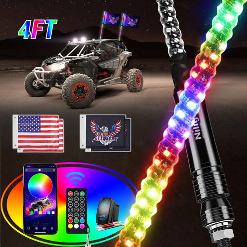 Nilight 2Pcs 4FT Spiral Antenna Bluetooth Remote App Control Led Whip Light | 10FT Wire 5Pin Switch