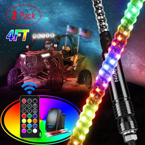 Nilight 2Pcs 4FT Spiral Antenna Led Whip Light RF Remote Control | 8.6FT Wire 5Pin Switch