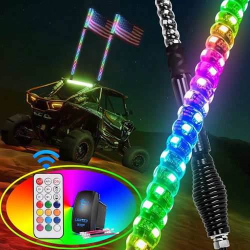 Nilight 2Pcs 4FT Spiral Antenna W/ Spring Base Led Whip Light RF Remote Control | 8.6FT Wire 5Pin Switch