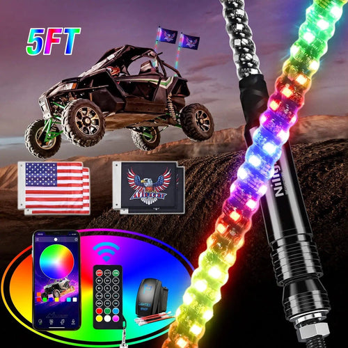 Nilight 2Pcs 5FT Spiral Antenna Bluetooth Remote App Control Led Whip Light | 10FT Wire 5Pin Switch