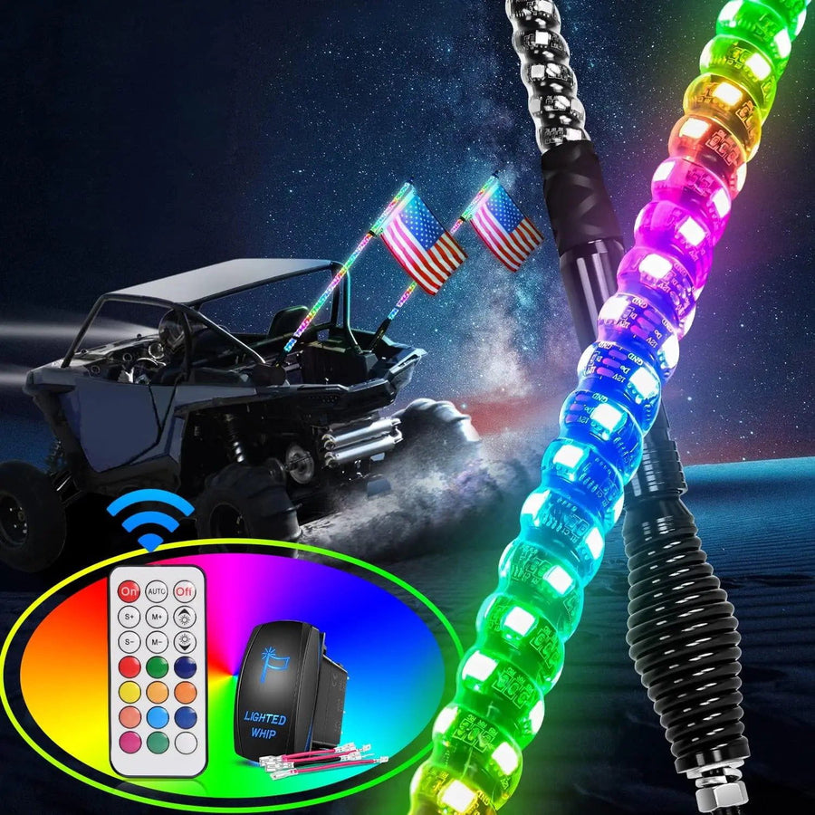 Nilight 2Pcs 5FT Spiral Antenna W/ Spring Base Led Whip Light RF Remote Control | 8.6FT Wire 5Pin Switch