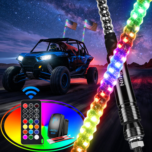 Nilight 2Pcs 6FT Spiral Antenna Led Whip Light RF Remote Control | 8.6FT Wire 5Pin Switch