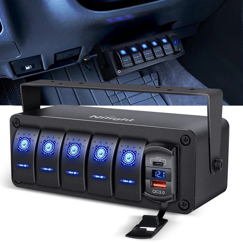 Nilight 5Gang Rocker Switch Box w/ PD Type C | QC 3.0 USB Charger Voltmeter