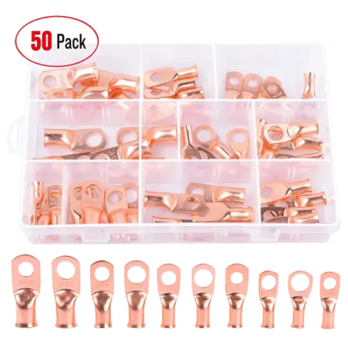 Nilight 50 Pcs Heavy Duty Copper Wire Lugs 10 types Battery Cable Closed Ends Bare Copper Eyelets Tubular Ring Battery Terminal Connectors Assortment Kit, 2 Years Warranty