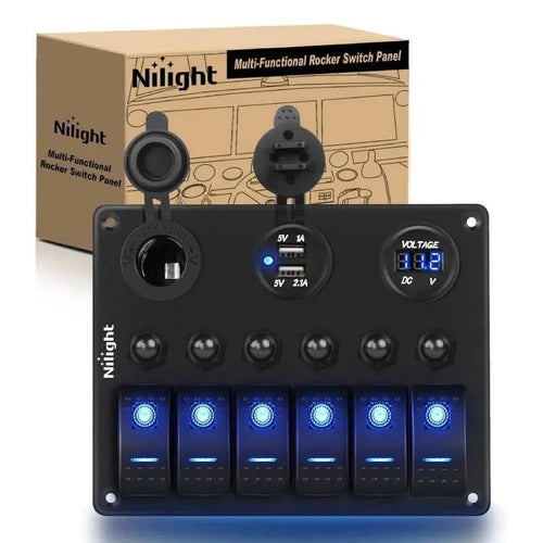 Nilight 6Gang ON/Off Blue Rocker Switch Panel w/ Dual USB Cigarette Lighter Socket Voltmeter