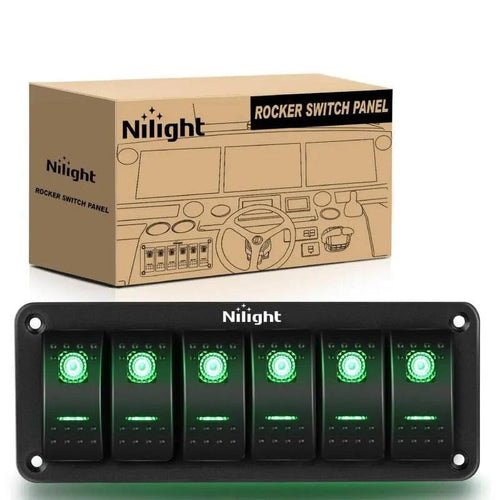 Nilight 6Gang Aluminum 5Pin ON/Off Green Rocker Switch Panel