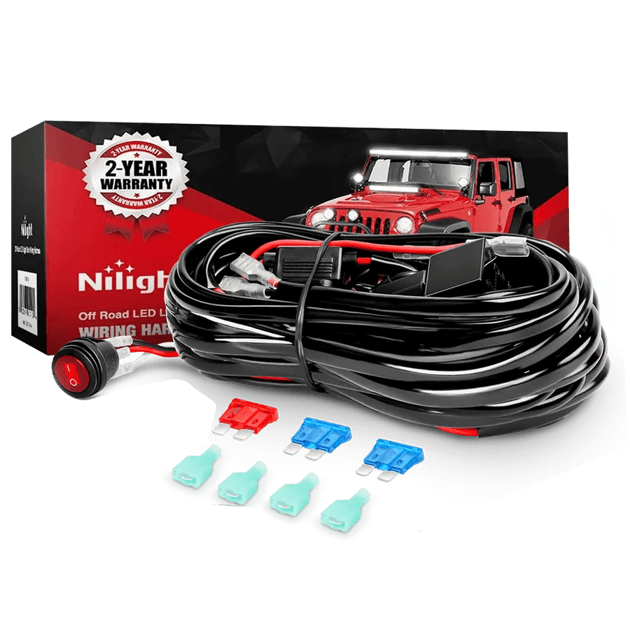 Nilight 16AWG Wire Harness 10FT PVC Kit 2 Leads W/ 12V 3Pin Switch | 3 Fuses | 4 Spade Connectors