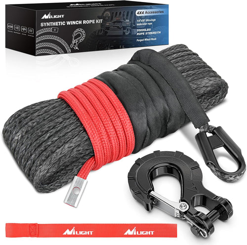 Nilight Winch Rope 1/4 Inch x 50 Ft Synthetic Winch Line Cable Kit Universal for ATV UTV Offroad Vehicle 10000 lbs Black Winch Line Ropes with Protective Sleeve+ Forged 35000lb Winch Hook+Safety Strap