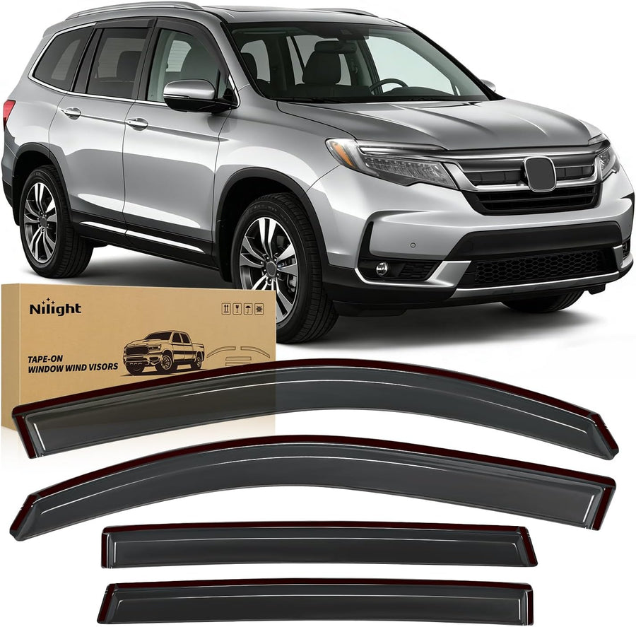 Nilight Outside-Mount Window Rain Guards for Honda Pilot 2016-2022, 4PCS | Tape on Window Visors Helps Vent Fresh Air in Rainy Weather, Honda Pilot 2016 2017 2018 2019 2020 2021 2022, Smoke Tinted