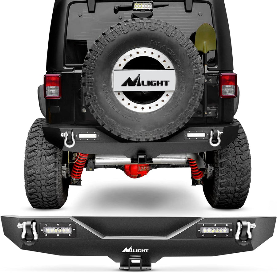 Nilight Rear Bumper Compatible for 2007-2018 Wrangler JK,Rock Crawler Bumper with Hitch Receiver & 2X Upgraded 18W LED Lights Off Road Textured Black,2 Years Warranty