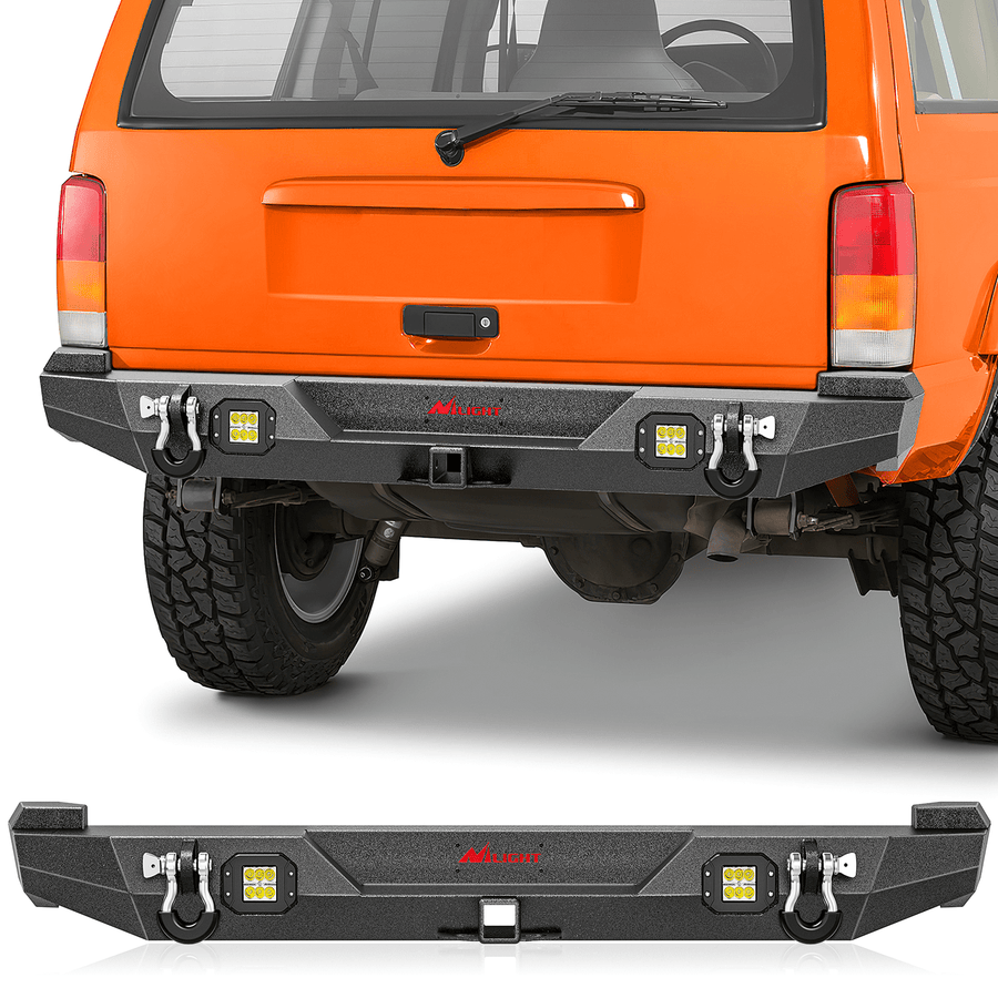 Nilight 1984-2001 Jeep Cherokee XJ Rear Bumper 2inch Hitch Receiver Upgraded 18W LED Light Pods Offroad Textured Black