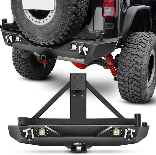 Nilight Rear Bumper & Spare Tire Rack & Hitch Receiver w/2 LED Lights Compatible for 2007-2018 Wrangler JK for 2007-2018 Wrangler JK & Unlimited
